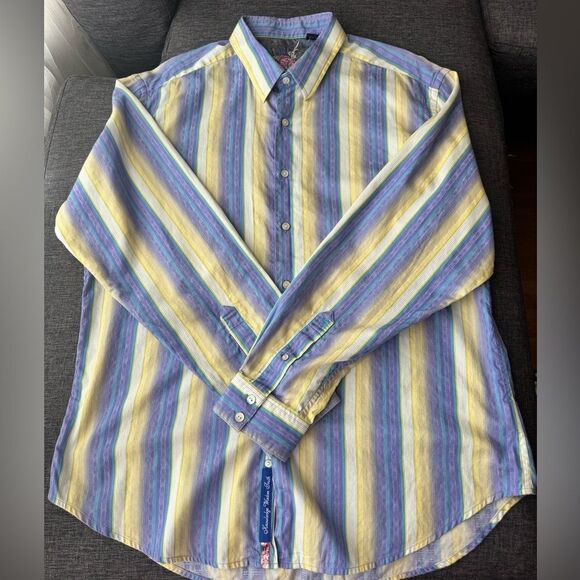 Robert Graham Shirt Mens Stripe Flip Cuff Button Up Floral Embroidered Sz XL - Picture 14 of 15